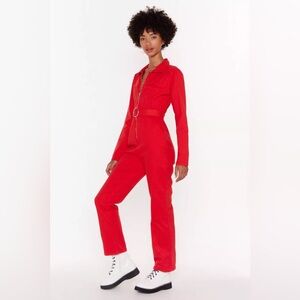 Nasty Gal Red Denim Boiler Suit Jumpsuit